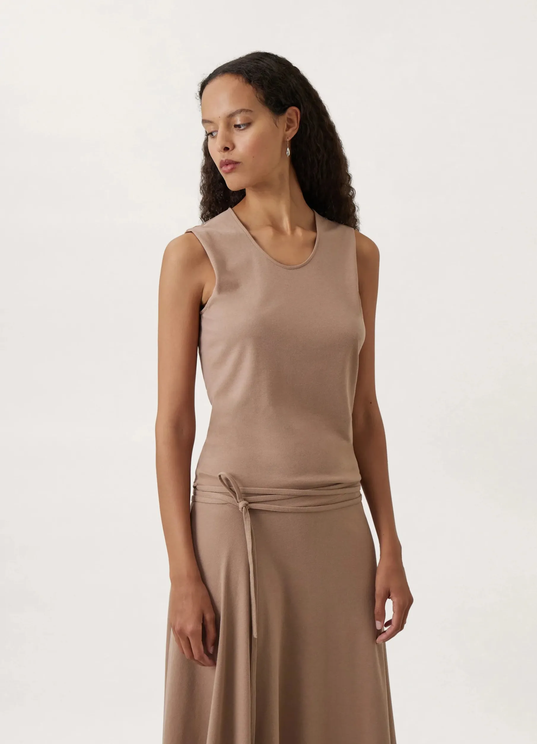 Belted Crepe Sleeveless Dress