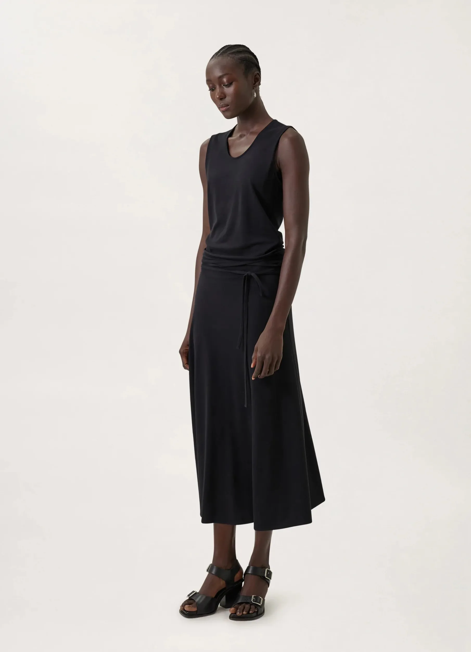 Belted Crepe Sleeveless Dress